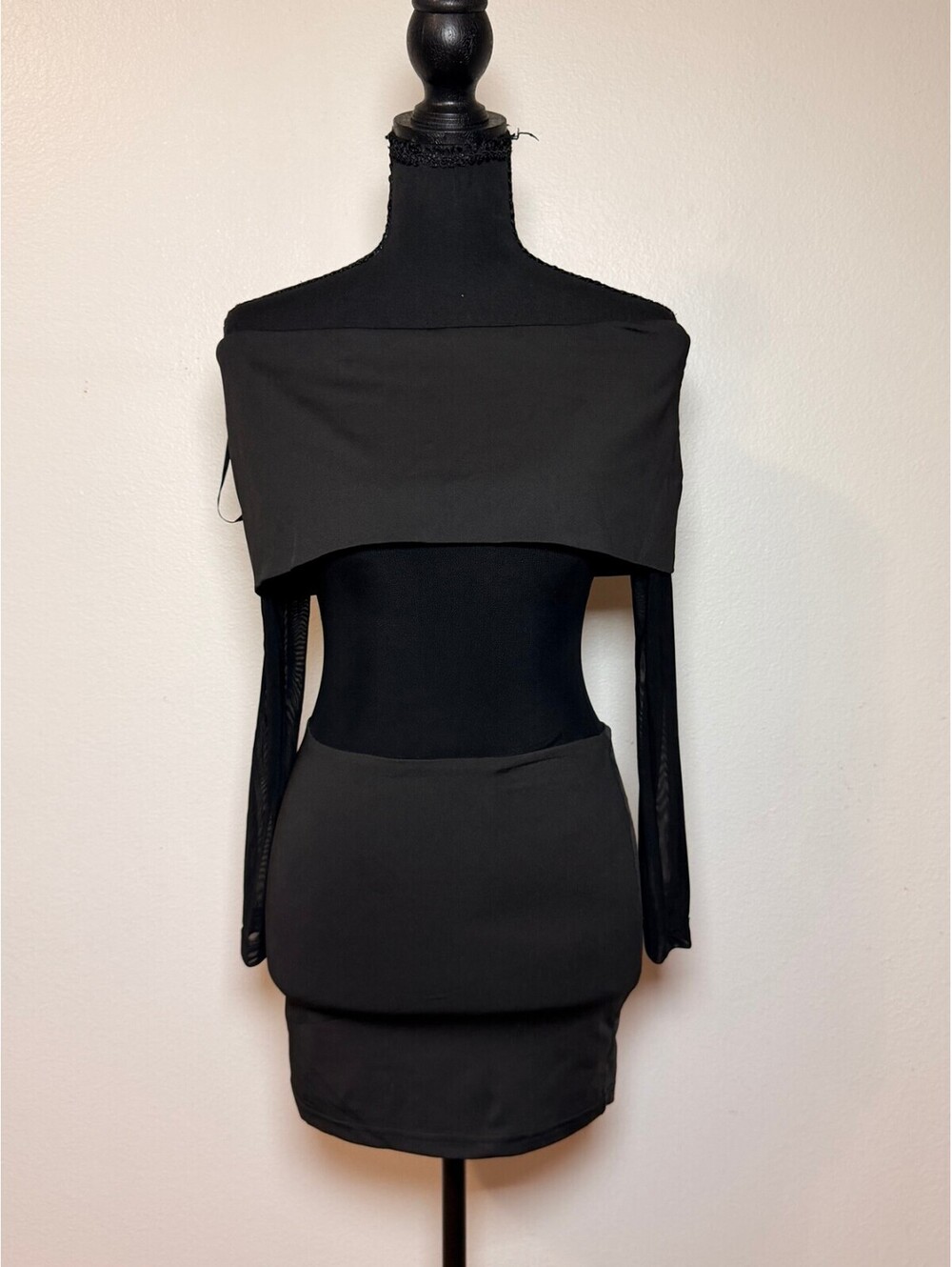 Superdown Black Off Shoulder Mesh Mini Dress XS NWT Bodycon Long Sleeve